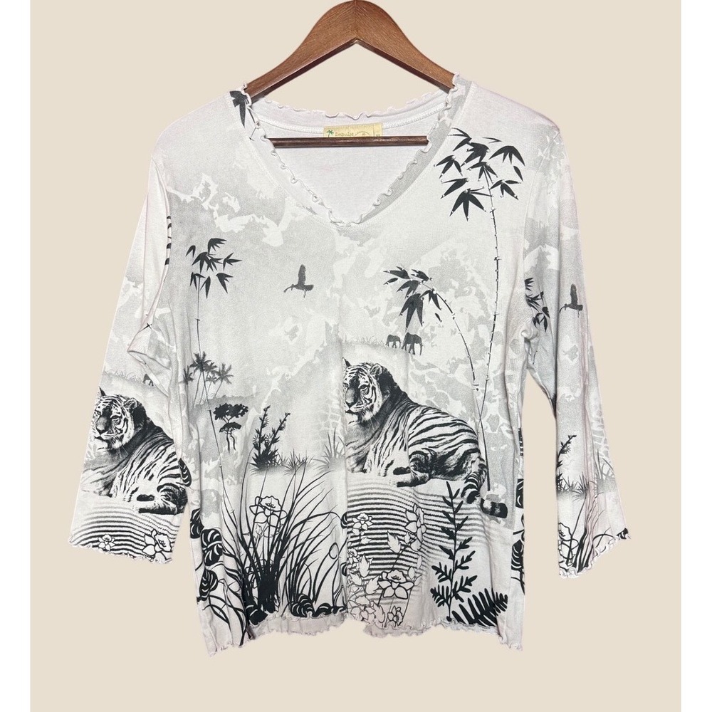 Impulse California Top Women XL Grey Excellent Tiger Bamboo Lettuce Edge V-Neck